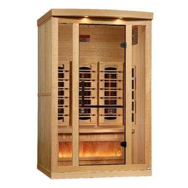 Wooden infrared sauna with interior lights on a white background