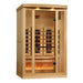 Wooden infrared sauna with interior lights on a white background