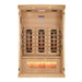 Wooden infrared sauna with LED lights on a white background