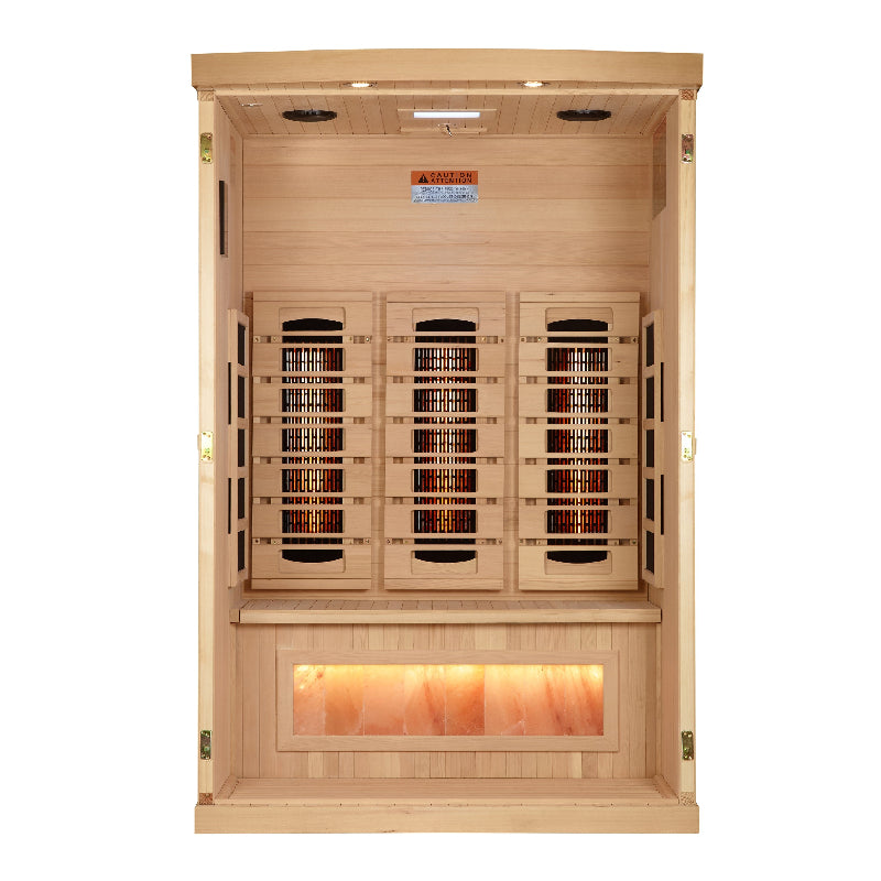 Wooden infrared sauna with LED lights on a white background