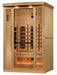 Wooden infrared sauna with interior lights on a white background