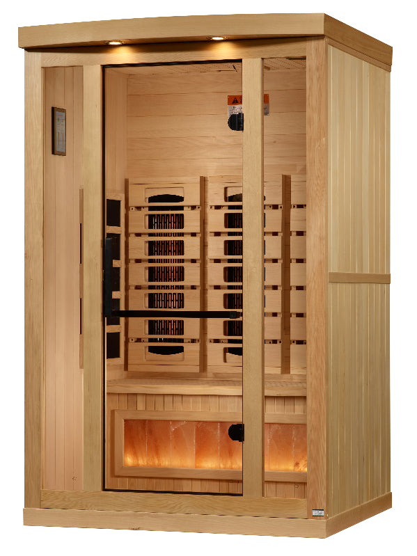 Wooden infrared sauna with interior lights on a white background