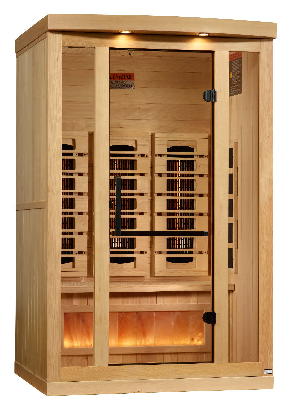 Wooden infrared sauna with glass door on a white background