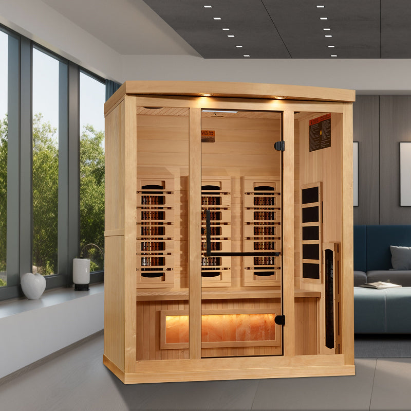 Wooden sauna in a modern room with large windows and a couch.