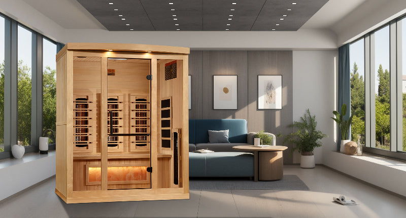 Infrared sauna in a modern living room with large windows and decor.