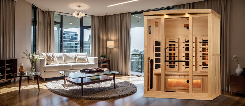 Infrared sauna in a modern living room with large windows and furniture.