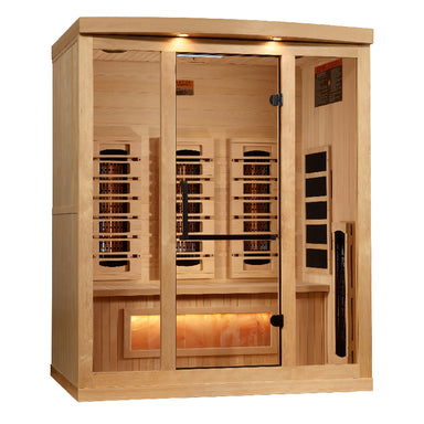 Wooden sauna with interior lights on a white background