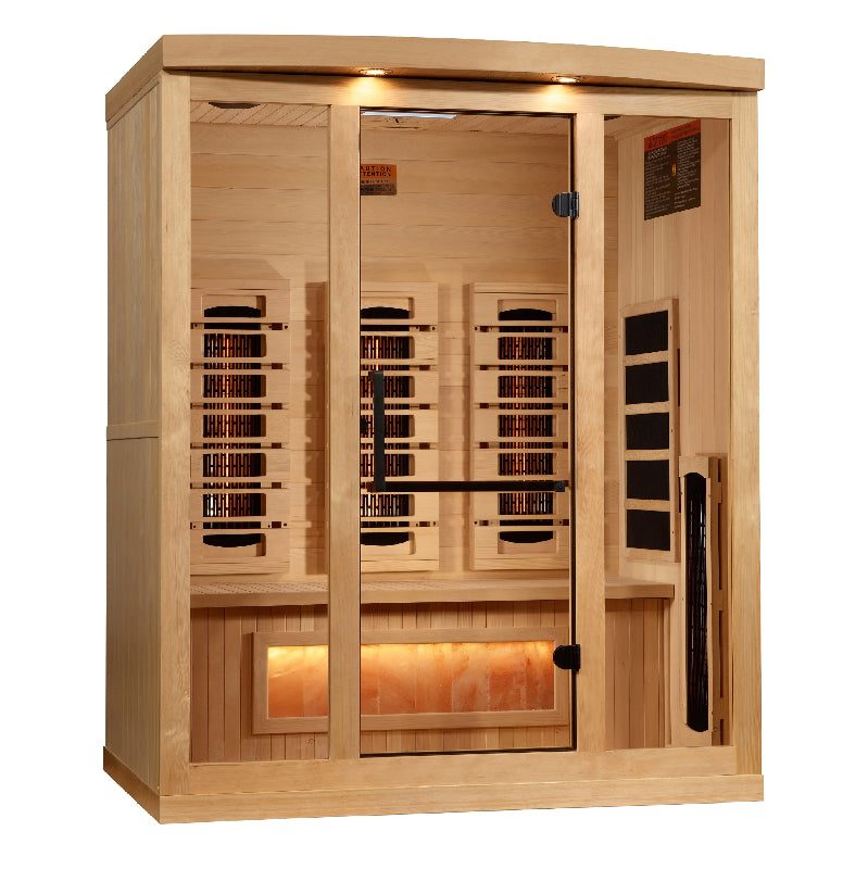 Wooden sauna with interior lights on a white background