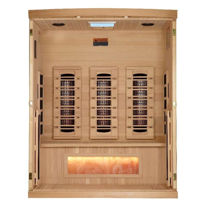 Wooden sauna with interior lights on a white background