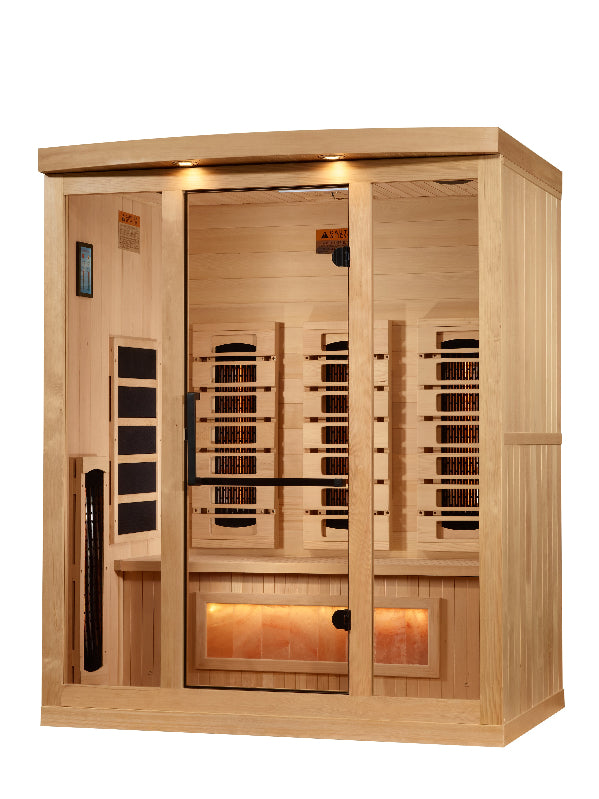 Wooden sauna with glass doors on a white background