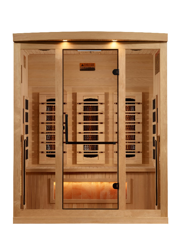 Wooden sauna with glass door on a white background