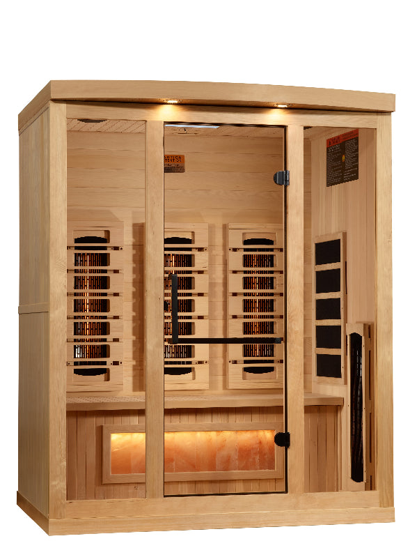 Wooden sauna with glass doors on a white background