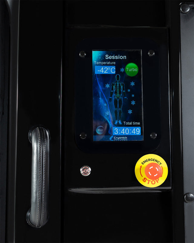 Black Cryotherapy Machine with digital display and emergency stop button in yellow with red letters white inside and white background