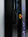 cryo chamber door in black, red emergency stop button with yellow, black background