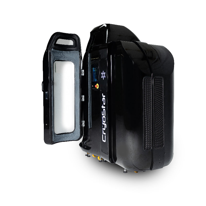 Black Cryotherapy Machine with white inside and white background