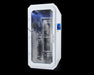 White cryo therapy chamber with gray box on glass with a black background