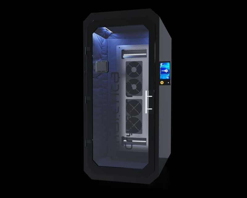 black cryo therapy chamber with gray box on glass with a black background
