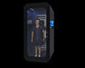 black cryo chamber gray box on clear glass with man standing inside with black background