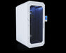 white cryo chamber gray box on clear glass with black background