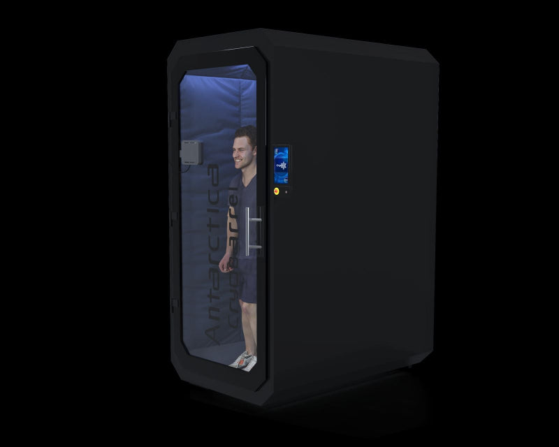 black cryo chamber gray box on clear with man inside glass with black background