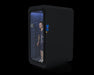 black cryo chamber gray box on clear with man inside glass with black background