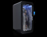 black cryo chamber gray box on clear with man inside glass with black background
