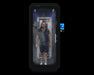 black cryo chamber with gray box on glass with man inside with black background