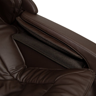 Close-up of a brown leather recliner chair with a white background