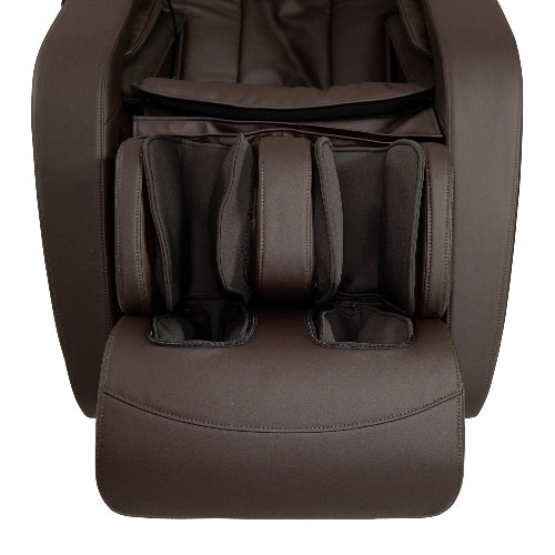 Brown massage chair with headrest and armrests on a white background