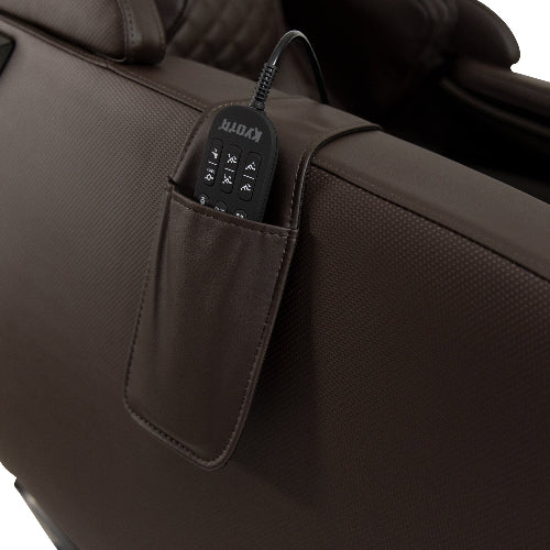Brown massage chair with control panel pocket on a white background