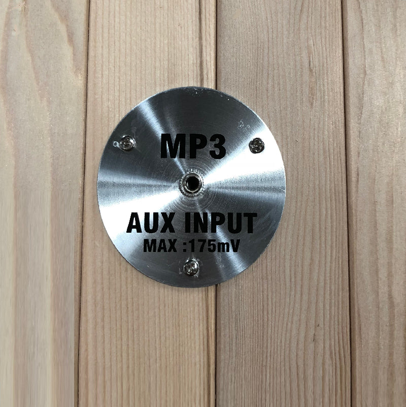 Metallic round label with 'MP3 AUX INPUT MAX: 175mV' text on a wooden background