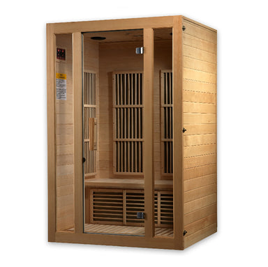 Wooden sauna with glass door on a white background