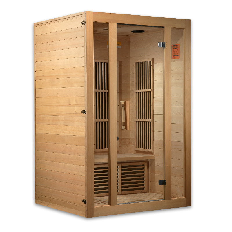 Wooden sauna with glass door on a white background