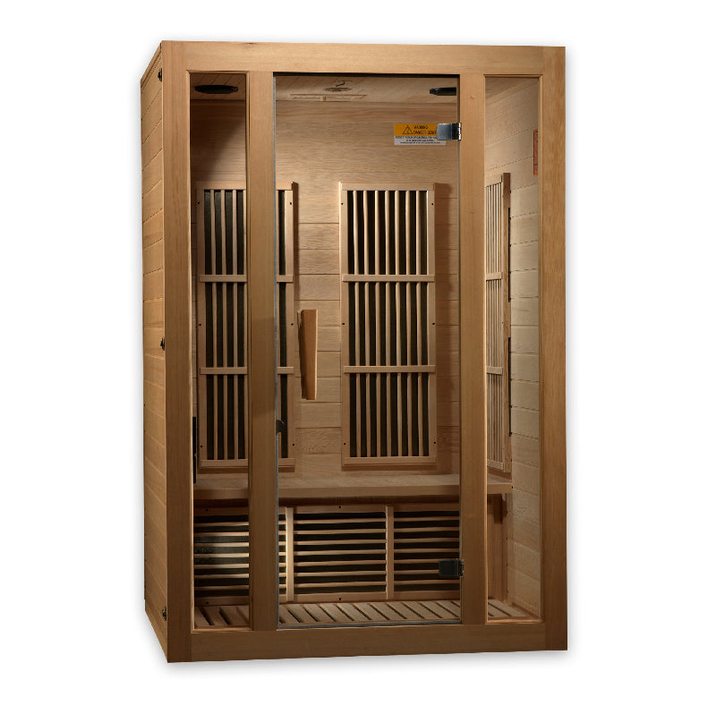 Wooden sauna with glass door on a white background