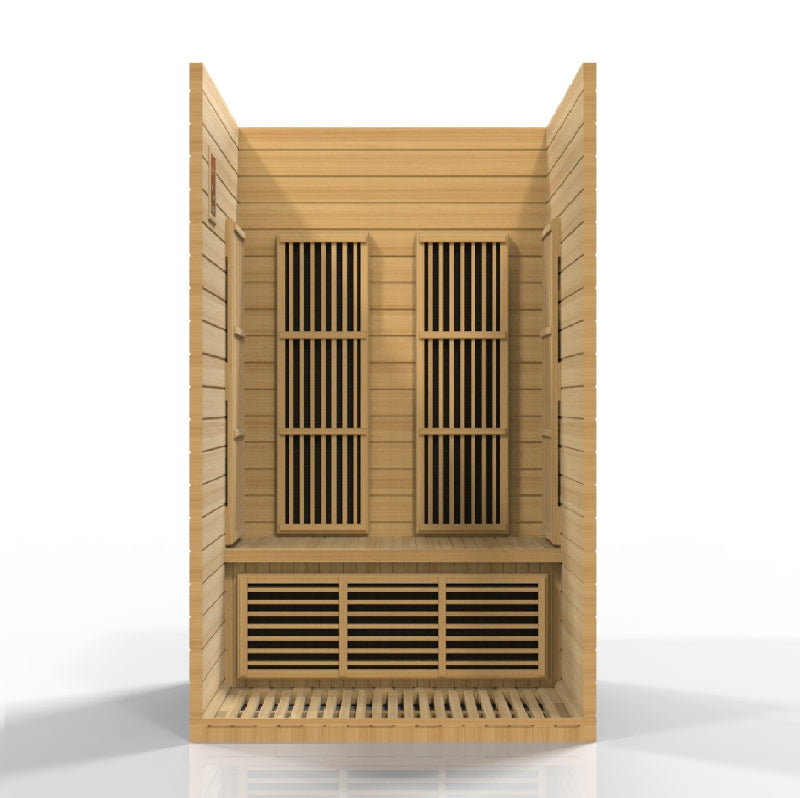 Wooden sauna with slatted design on a white background