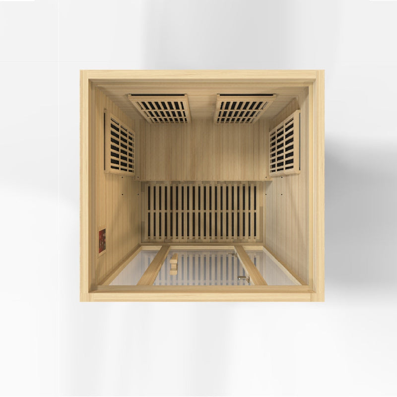 Wooden sauna interior with slatted design on a white background