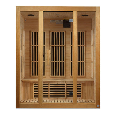 Wooden sauna with glass doors on a white background