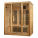Wooden sauna with glass doors on a white background
