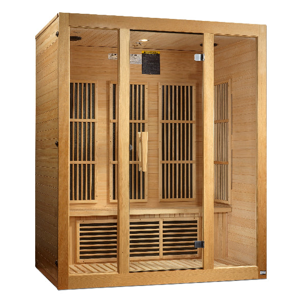 Wooden sauna with glass door on a white background