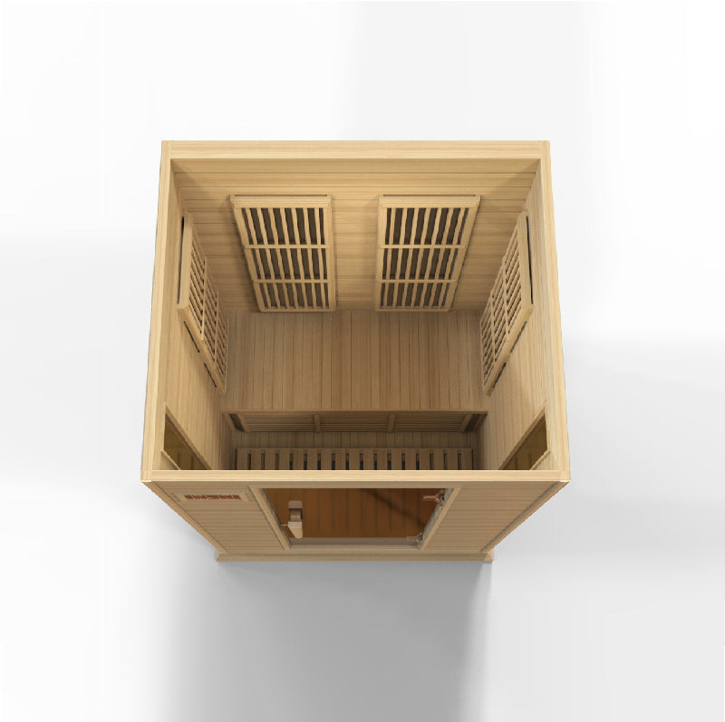 Wooden sauna with lattice design on a white background