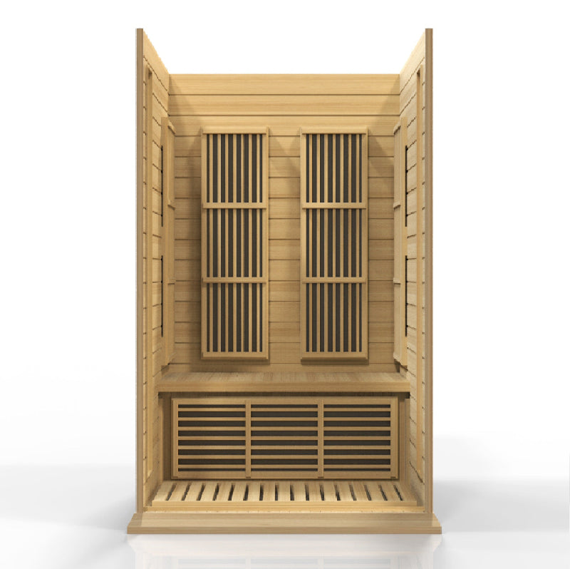 Wooden sauna with open doors on a white background