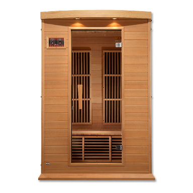 Wooden infrared sauna with open door on a white background
