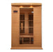 Wooden infrared sauna with open door on a white background