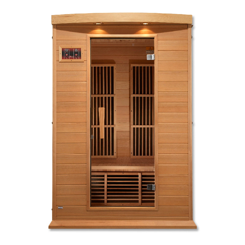 Wooden infrared sauna with open door on a white background