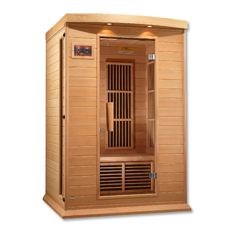Wooden sauna with interior lights on a white background