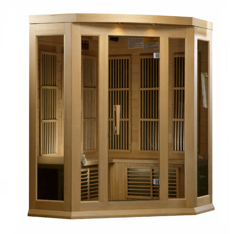 Wooden sauna with glass doors on a white background