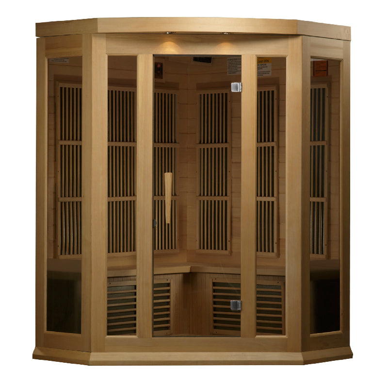 Wooden sauna with glass panels on a white background