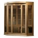 Wooden sauna with glass panels on a white background