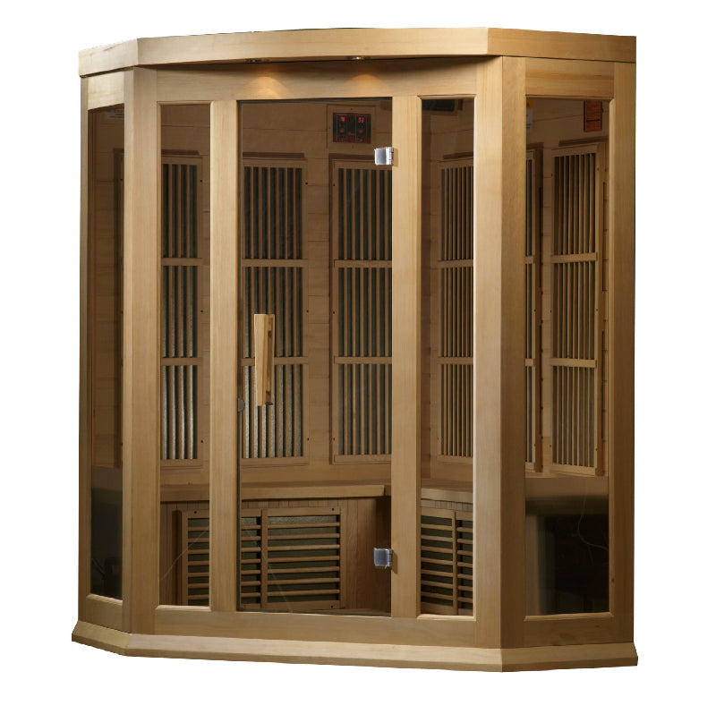 Wooden sauna with glass panels on a white background