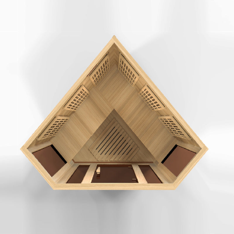 Wooden sauna with a geometric design on a white background